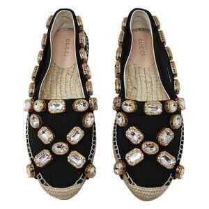 Gucci‎ Black Canvas Crystal Embellished Pepita Espadrille Flats Size 36.5